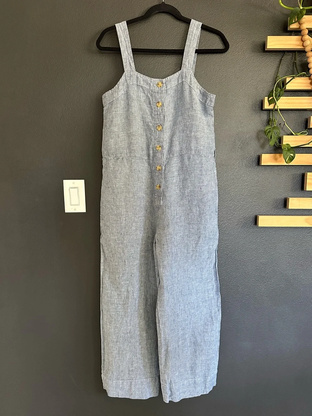 Everlane Blue White Pinstripe Linen Blend Belted Jumpsuit Estimated M